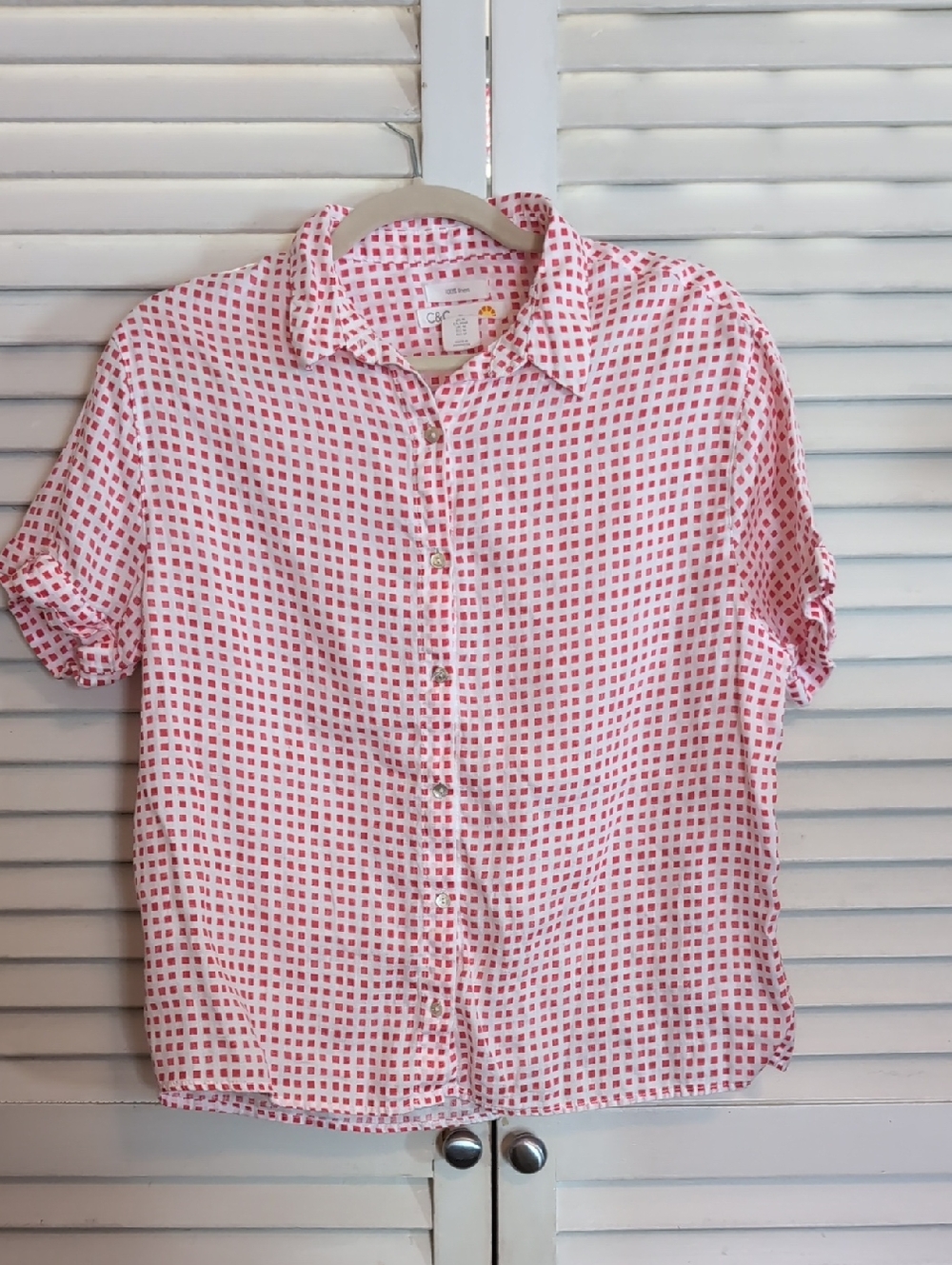 Women’s Pinkish Red Checked Button-Up Shirt - Linen Casual Short Sleeve